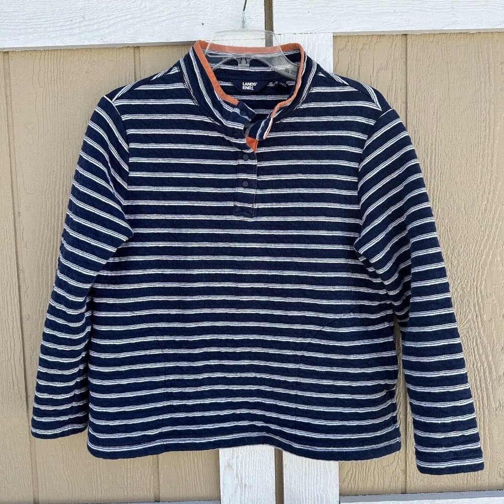 Lands' End Blue White Stripe Quilted Snap Pullover Women’s Size Medium 10/12